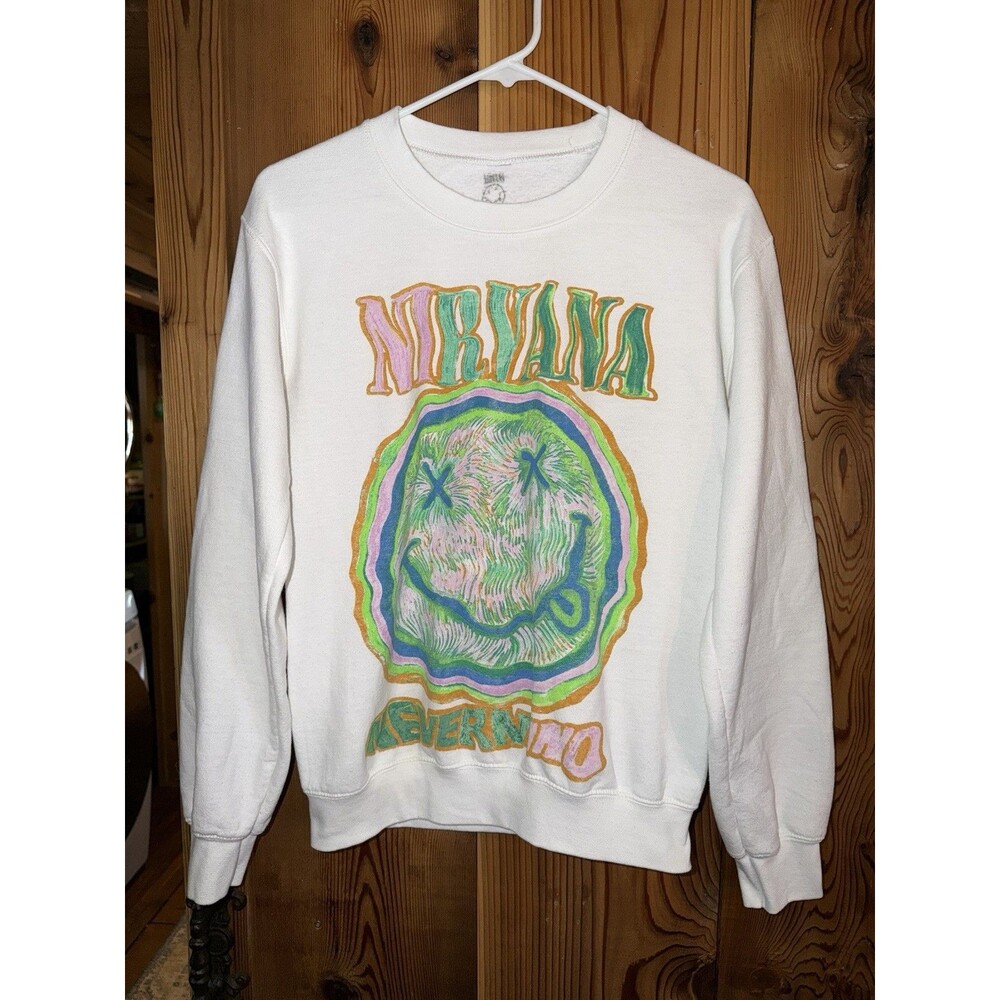 Vintage Band Sweatshirt Nirvana Size XS White ColorPop Happy Face Nevermind